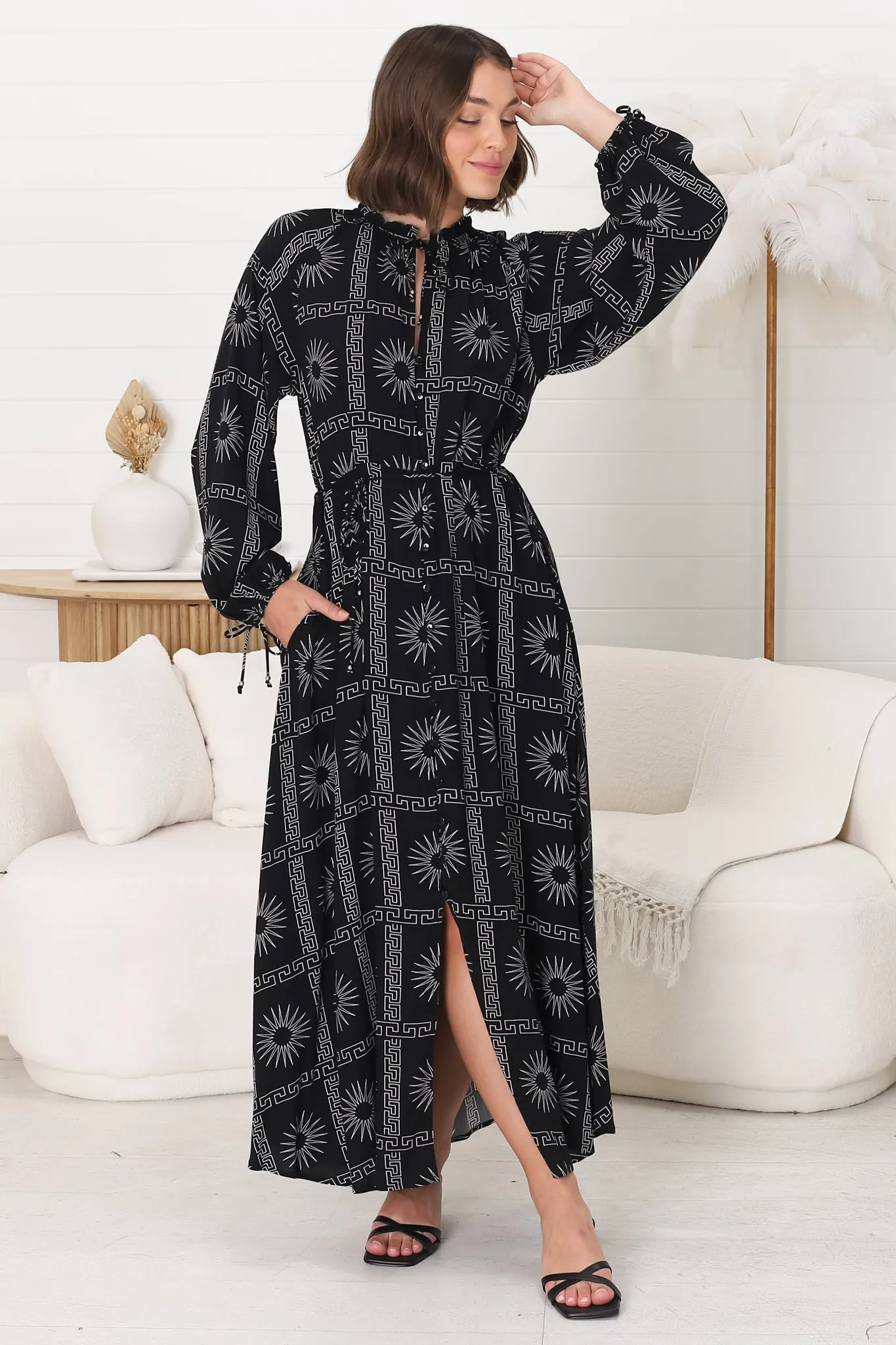 Amelie Maxi Dress - Frill Collar Button Through Dress with Waist Tie in Astra Print Black sold by Salty Crush product image thumbnail 3