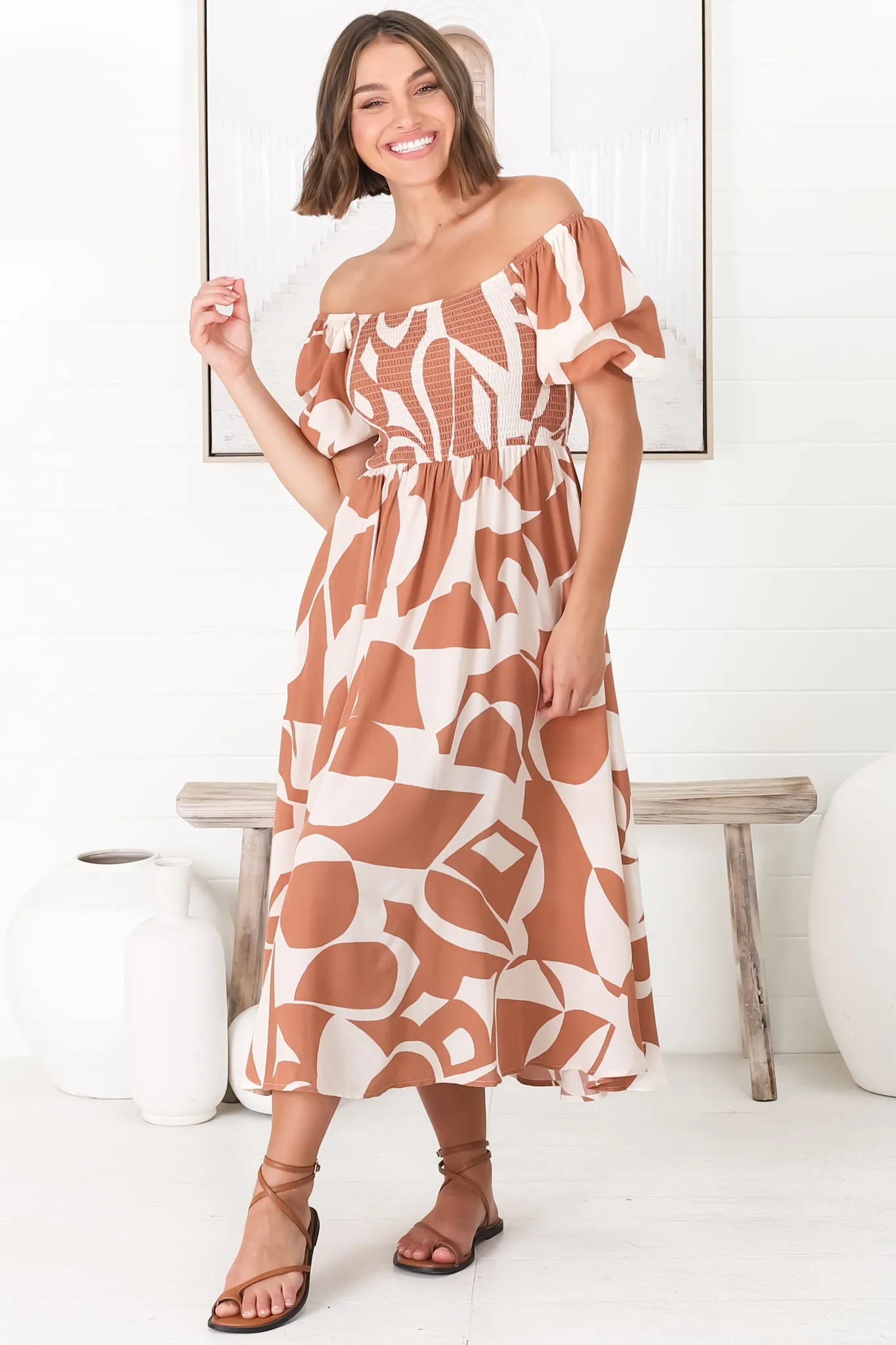 Azira Midi Dress - On Or Off Shoulder Elasticated Bodice Dress With Short Balloon Sleeves In Rust sold by Salty Crush product image thumbnail 3