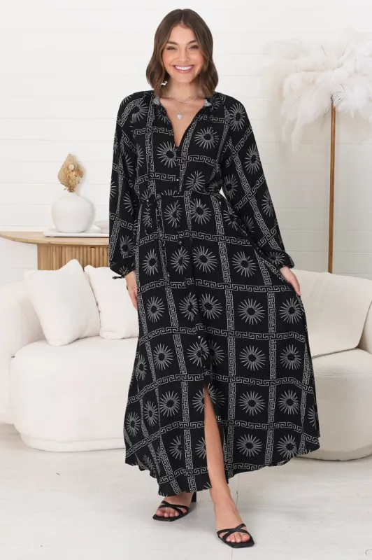 Amelie Maxi Dress - Frill Collar Button Through Dress with Waist Tie in Astra Print Black sold by Salty Crush