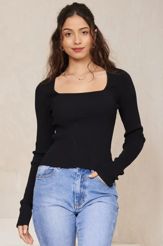 Jane Jumper - Square Neckline Ribbed Knit in Black sold by Salty Crush