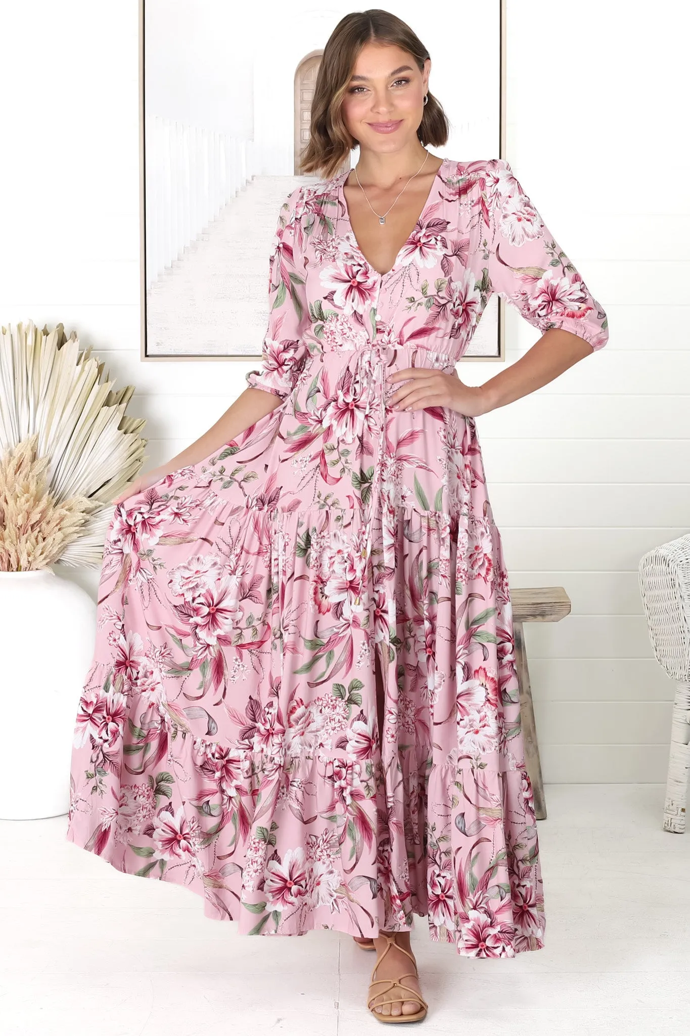 JAASE - Tessa Maxi Dress: A Line Pull Tie Waist Dress in Pink Lotus Print sold by Salty Crush product image thumbnail 3