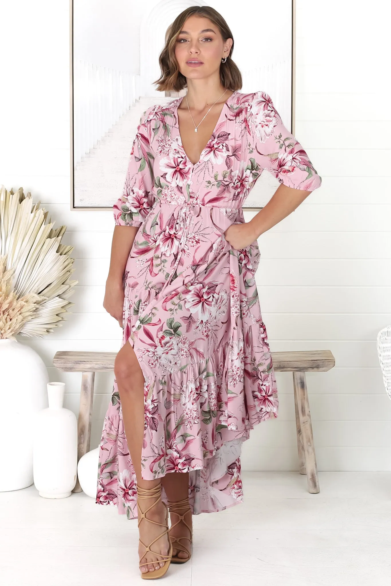 JAASE - Tessa Maxi Dress: A Line Pull Tie Waist Dress in Pink Lotus Print sold by Salty Crush product image thumbnail 4