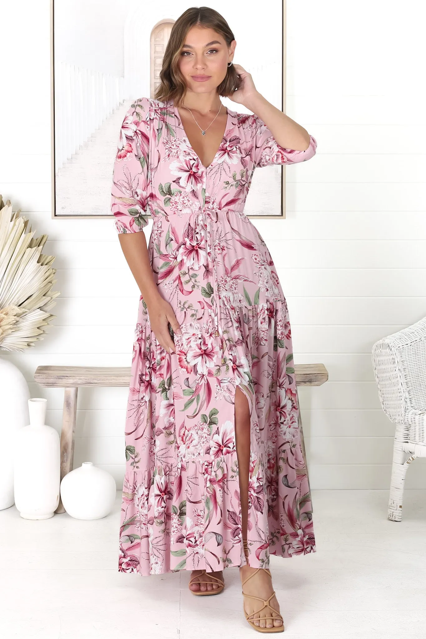 JAASE - Tessa Maxi Dress: A Line Pull Tie Waist Dress in Pink Lotus Print sold by Salty Crush