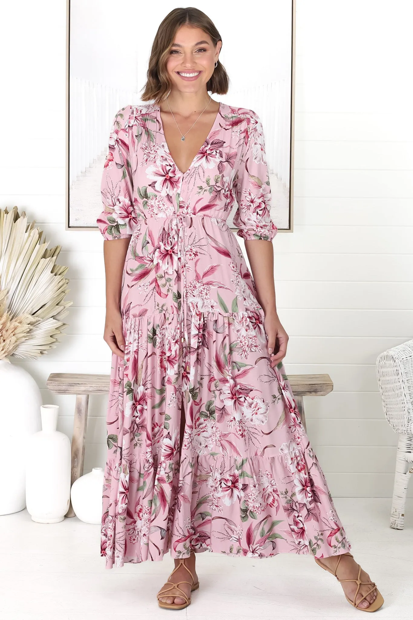 JAASE - Tessa Maxi Dress: A Line Pull Tie Waist Dress in Pink Lotus Print sold by Salty Crush product image thumbnail 5