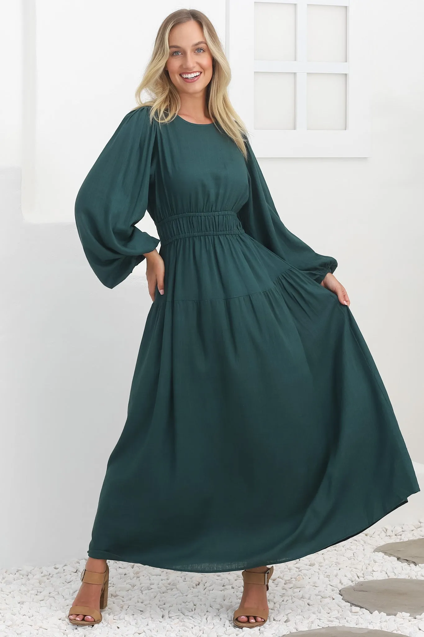 Sheyne Maxi Dress - Long Balloon Sleeve Elasicated Waist A Line Dress in Green sold by Salty Crush product image thumbnail 3
