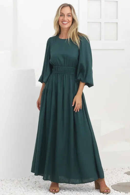 Sheyne Maxi Dress - Long Balloon Sleeve Elasicated Waist A Line Dress in Green sold by Salty Crush