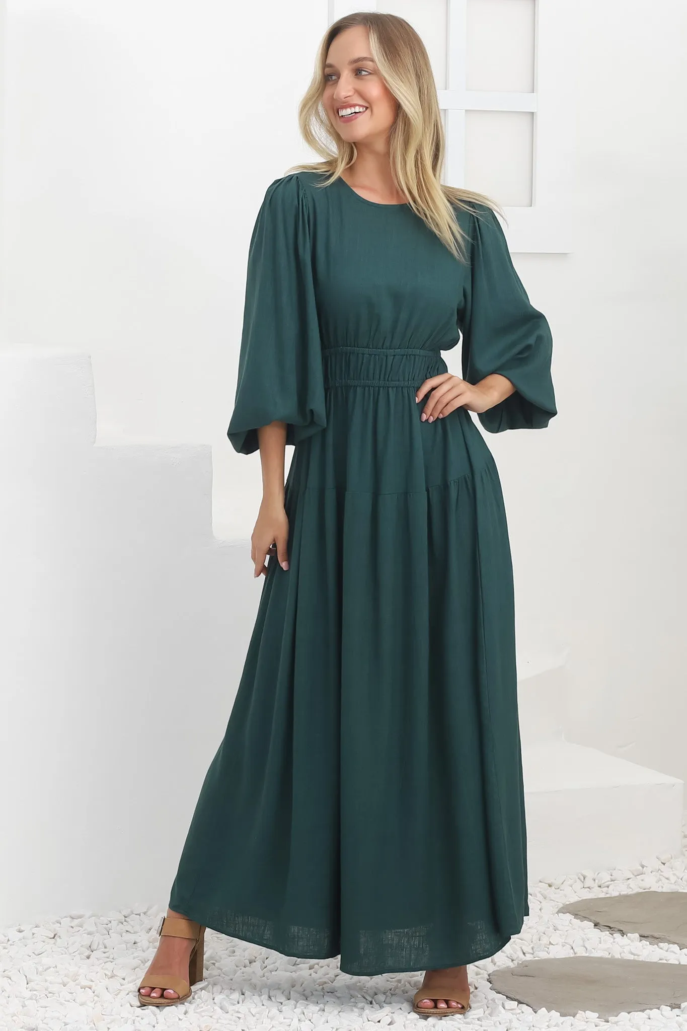 Sheyne Maxi Dress - Long Balloon Sleeve Elasicated Waist A Line Dress in Green sold by Salty Crush product image thumbnail 4