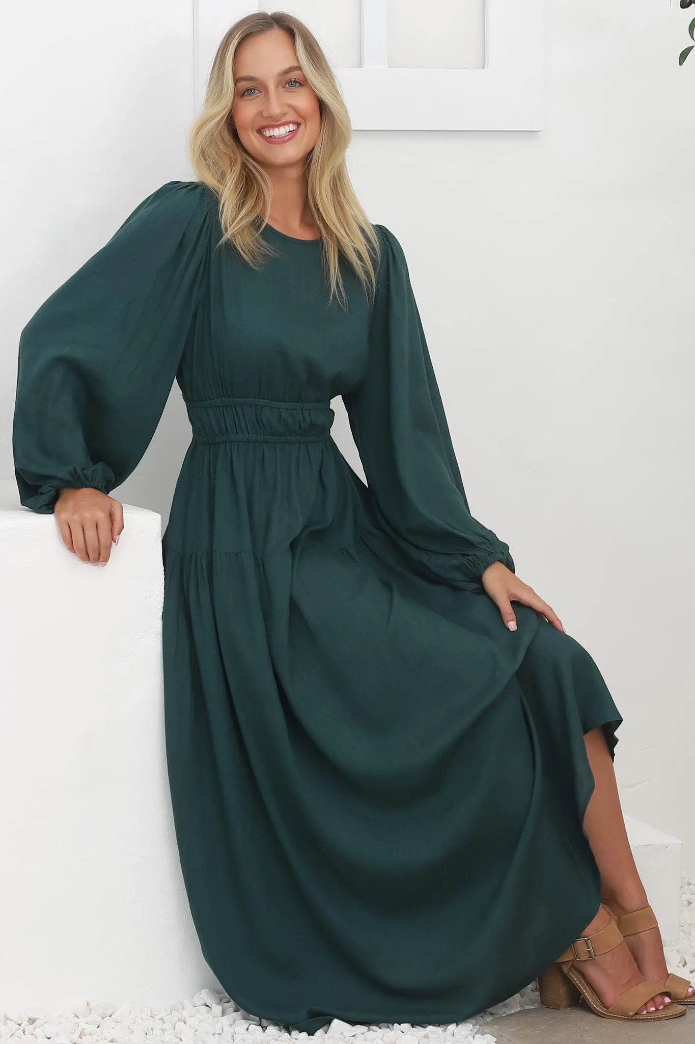 Sheyne Maxi Dress - Long Balloon Sleeve Elasicated Waist A Line Dress in Green sold by Salty Crush product image thumbnail 2