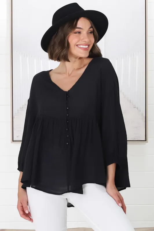 Lucah Top - V-Neck Button Through Mid Sleeve Top in Black sold by Salty Crush