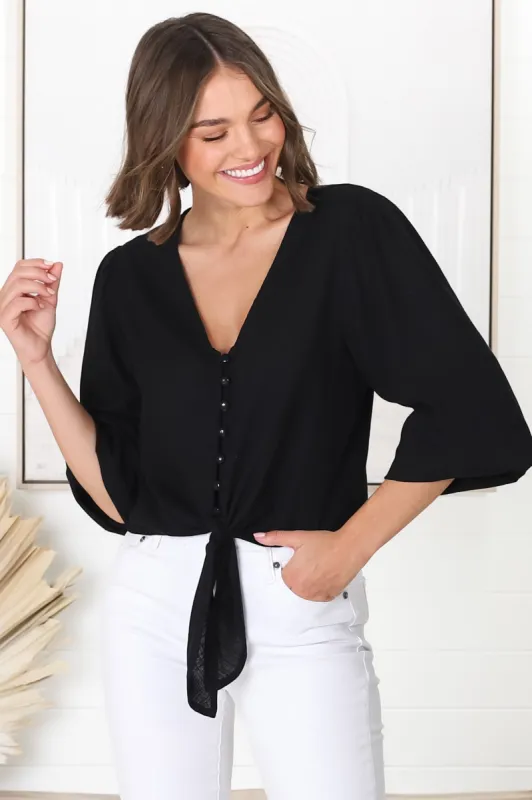 Amber Top - Button Down with Tie Detail Top in Black sold by Salty Crush