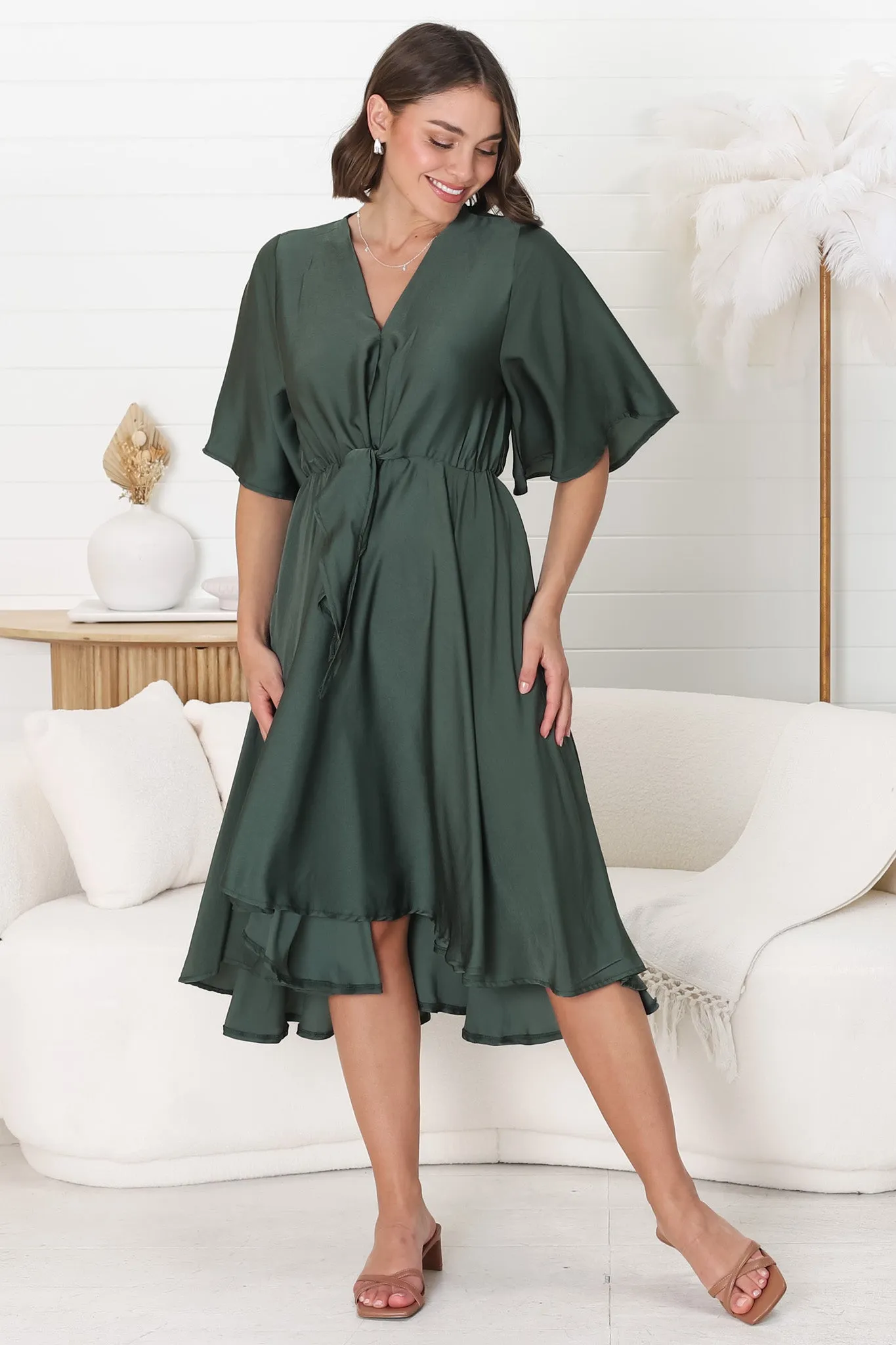 Satina Midi Dress - A Line Dress with Bell Sleeves in Emerald sold by Salty Crush product image thumbnail 3