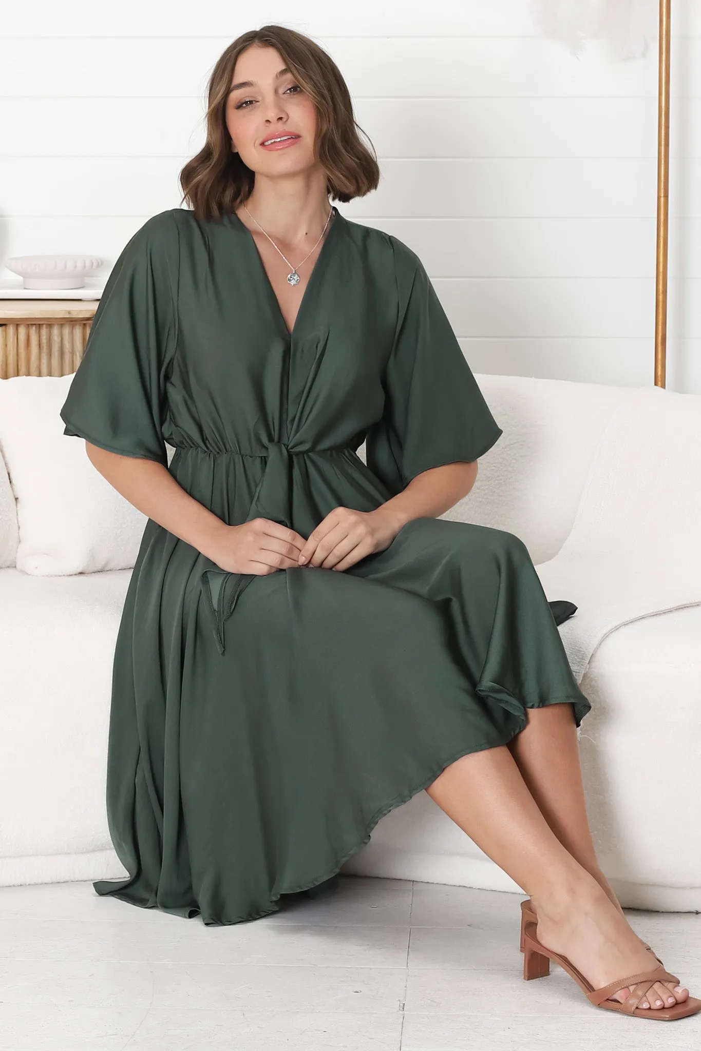 Satina Midi Dress - A Line Dress with Bell Sleeves in Emerald sold by Salty Crush product image thumbnail 5