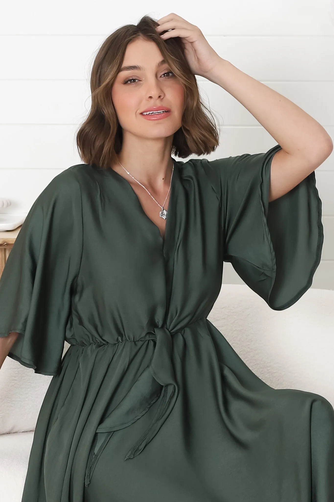 Satina Midi Dress - A Line Dress with Bell Sleeves in Emerald sold by Salty Crush product image thumbnail 2