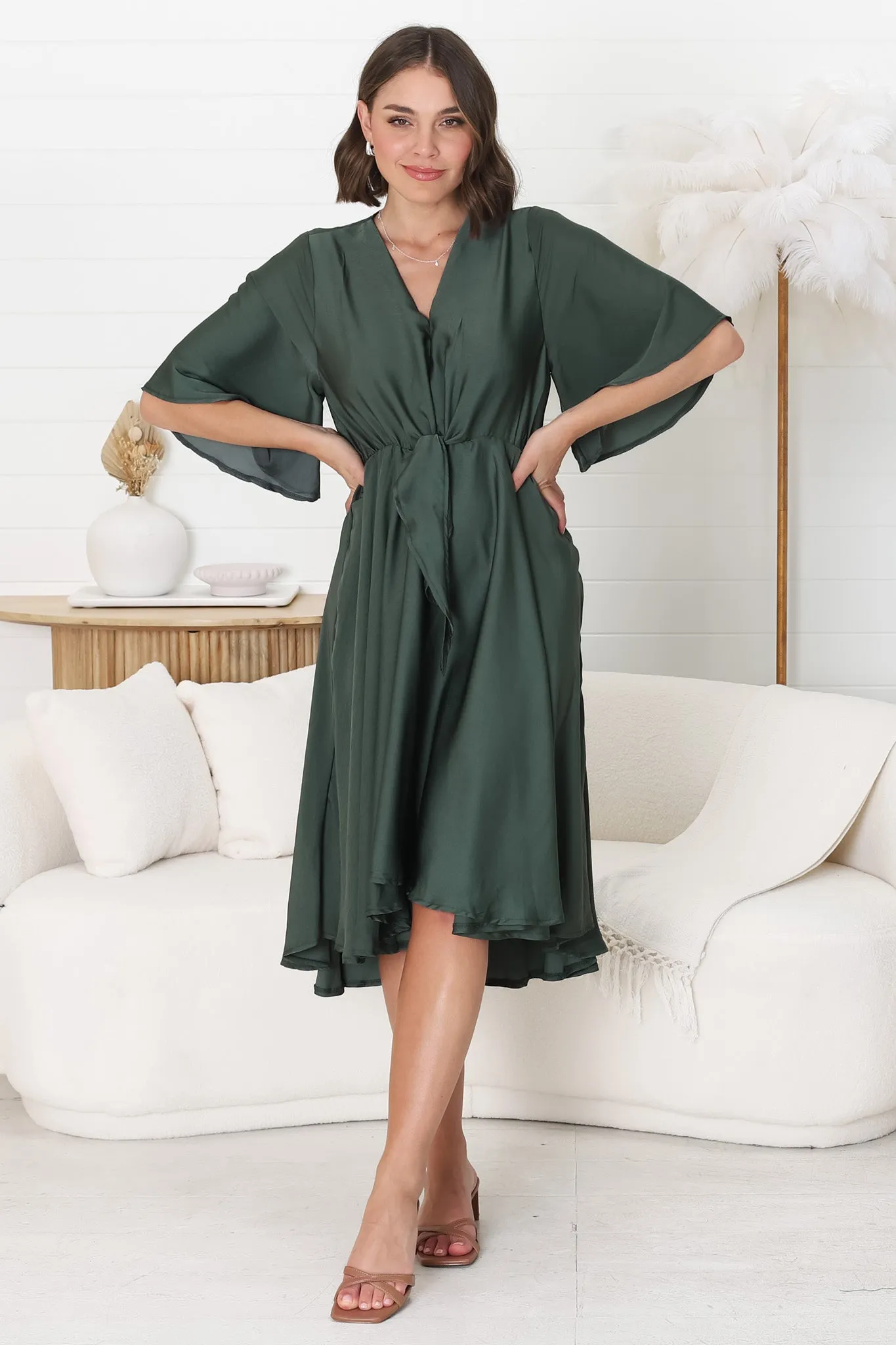 Satina Midi Dress - A Line Dress with Bell Sleeves in Emerald sold by Salty Crush product image thumbnail 4