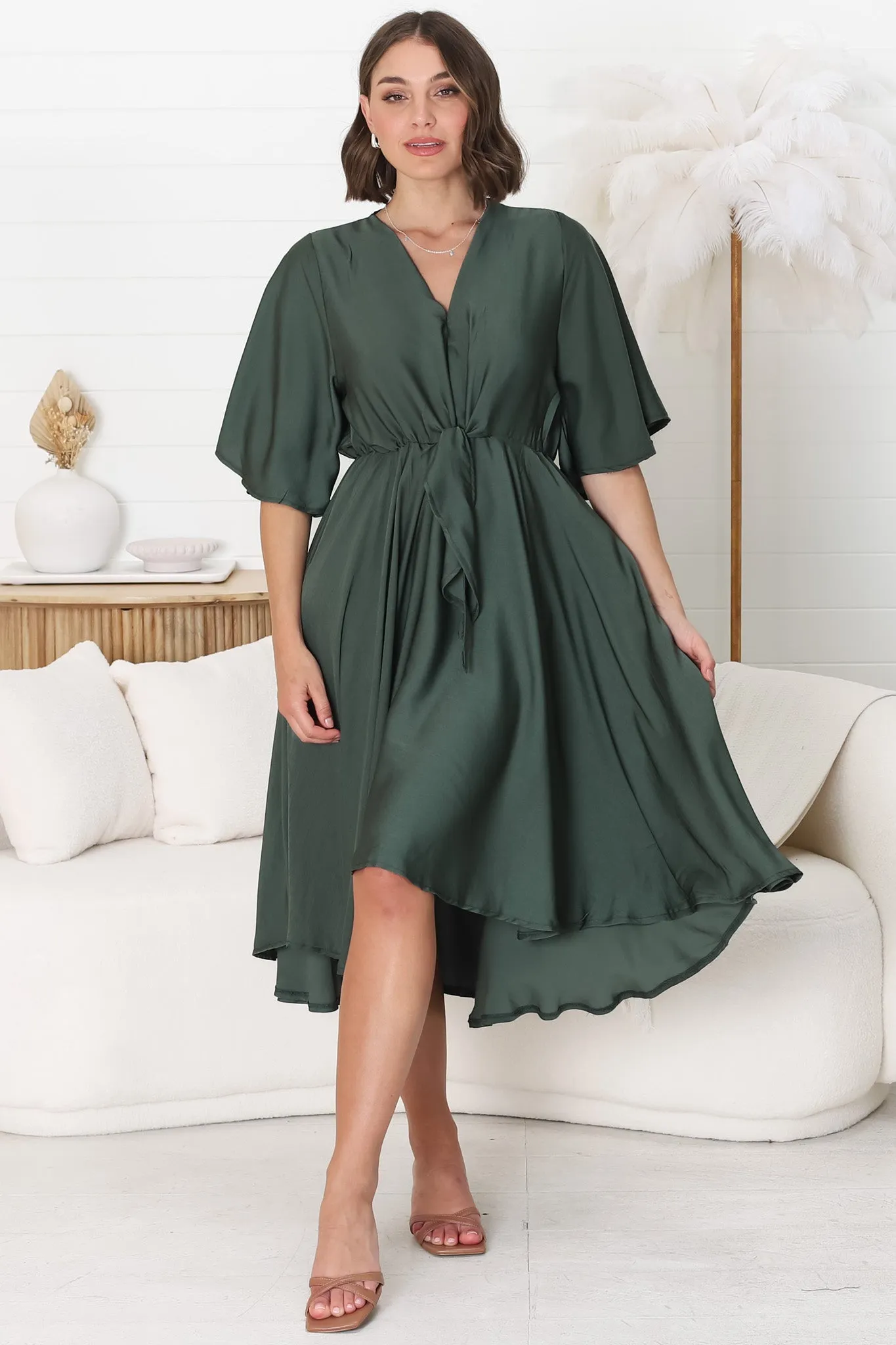 Satina Midi Dress - A Line Dress with Bell Sleeves in Emerald sold by Salty Crush