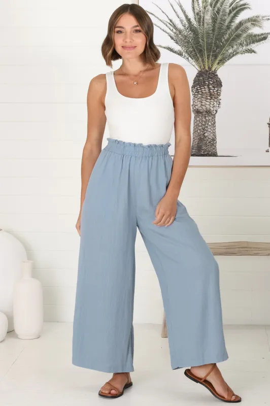 Crawley Linen Pants - Paper Bag High Waisted Pants in Cloudy Blue sold by Salty Crush