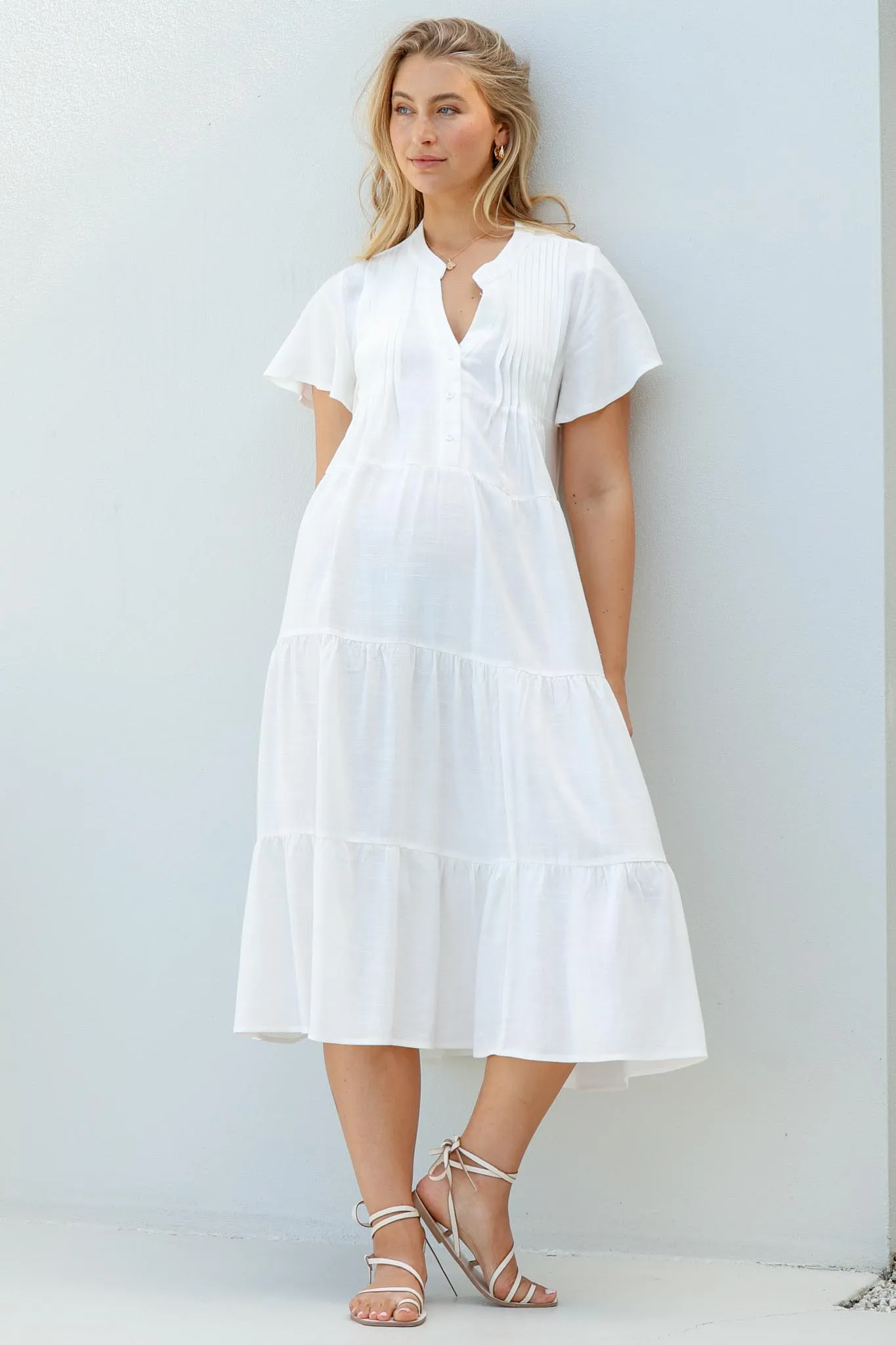Peggy Midi Dress - Relaxed Mandarin Collar Pleated Bust Tiered Linen Dress in White sold by Salty Crush product image thumbnail 3