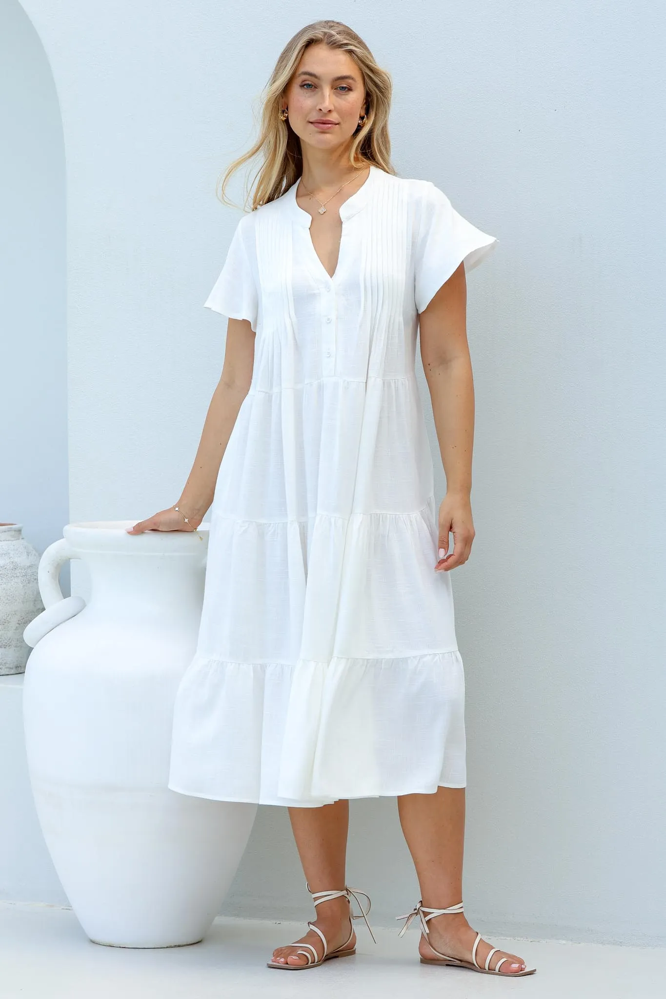 Peggy Midi Dress - Relaxed Mandarin Collar Pleated Bust Tiered Linen Dress in White sold by Salty Crush product image thumbnail 5
