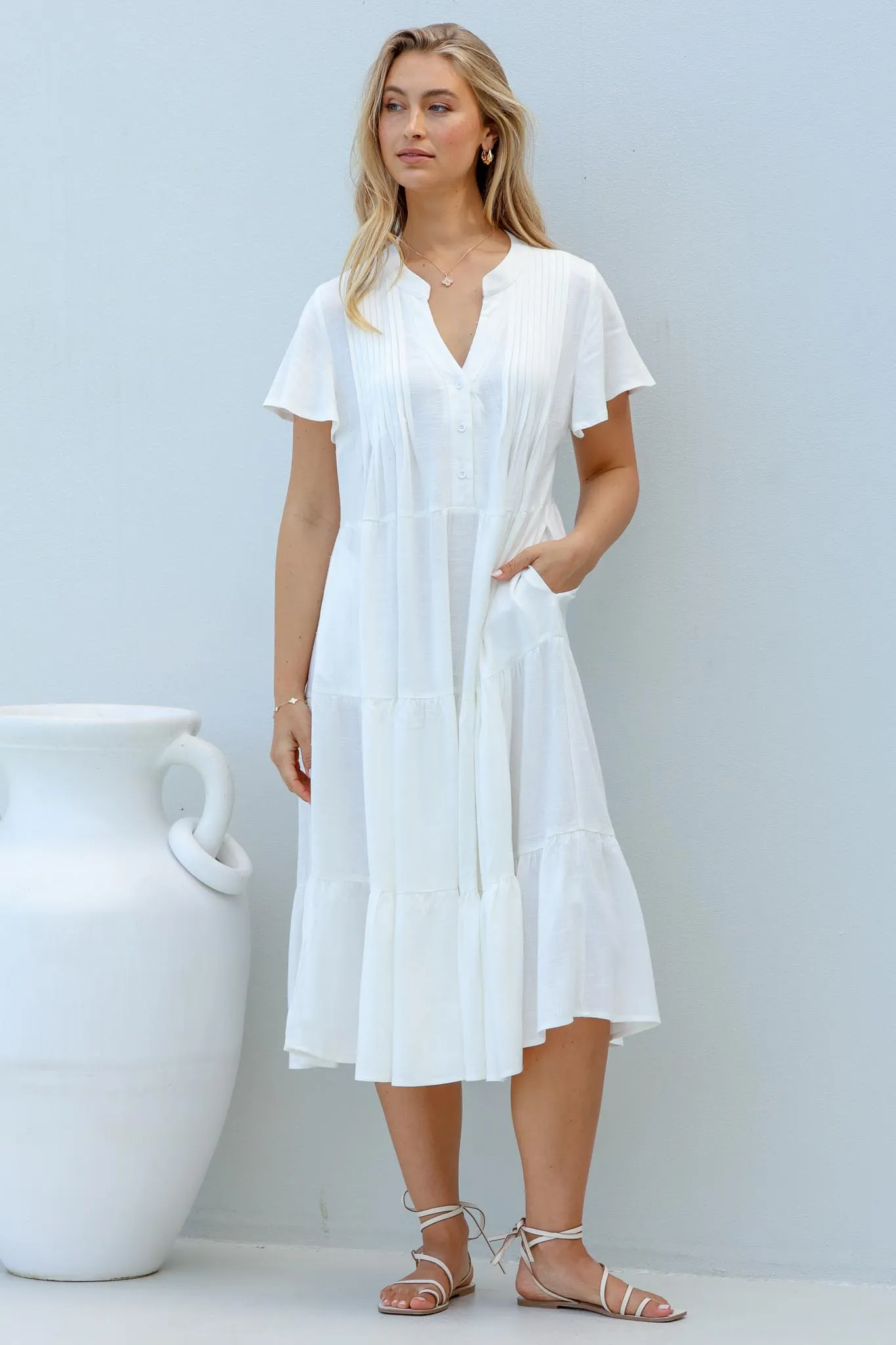 Peggy Midi Dress - Relaxed Mandarin Collar Pleated Bust Tiered Linen Dress in White sold by Salty Crush