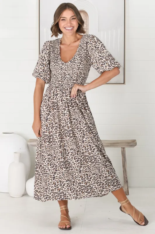 Alto Midi Dress - Elasticated Bodice 1/2 Balloon Sleeve A Line Dress in Perrie Print sold by Salty Crush