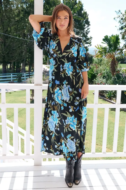 JAASE - Sonya Maxi Dress: Deep V Neck Shirred Waistband A Line Dress in Midnight Sapphire Print sold by Salty Crush