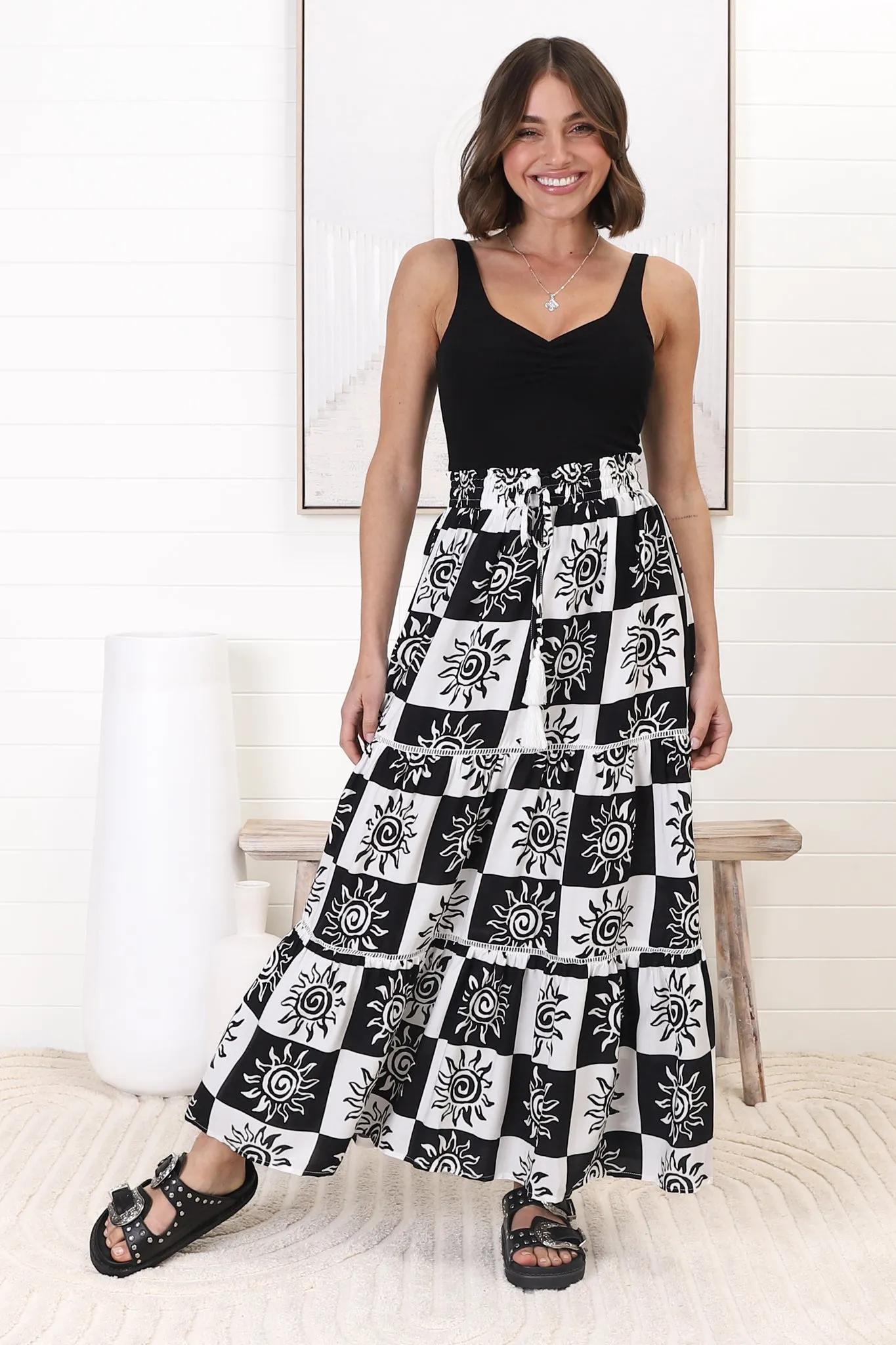 Billy Maxi Skirt - Tiered Crochet Insert Skirt in Tiller Print Black sold by Salty Crush product image thumbnail 4