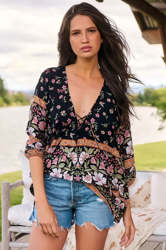 JAASE - Palas Top: V Neck Slouch Blouse with Criss Coss Bust Tie In Eternity Print sold by Salty Crush