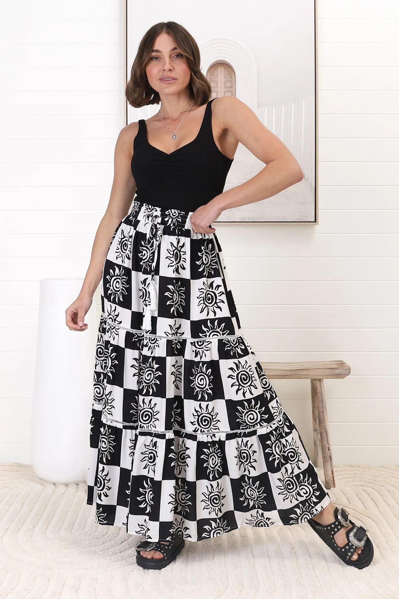 Billy Maxi Skirt - Tiered Crochet Insert Skirt in Tiller Print Black sold by Salty Crush product image thumbnail 5