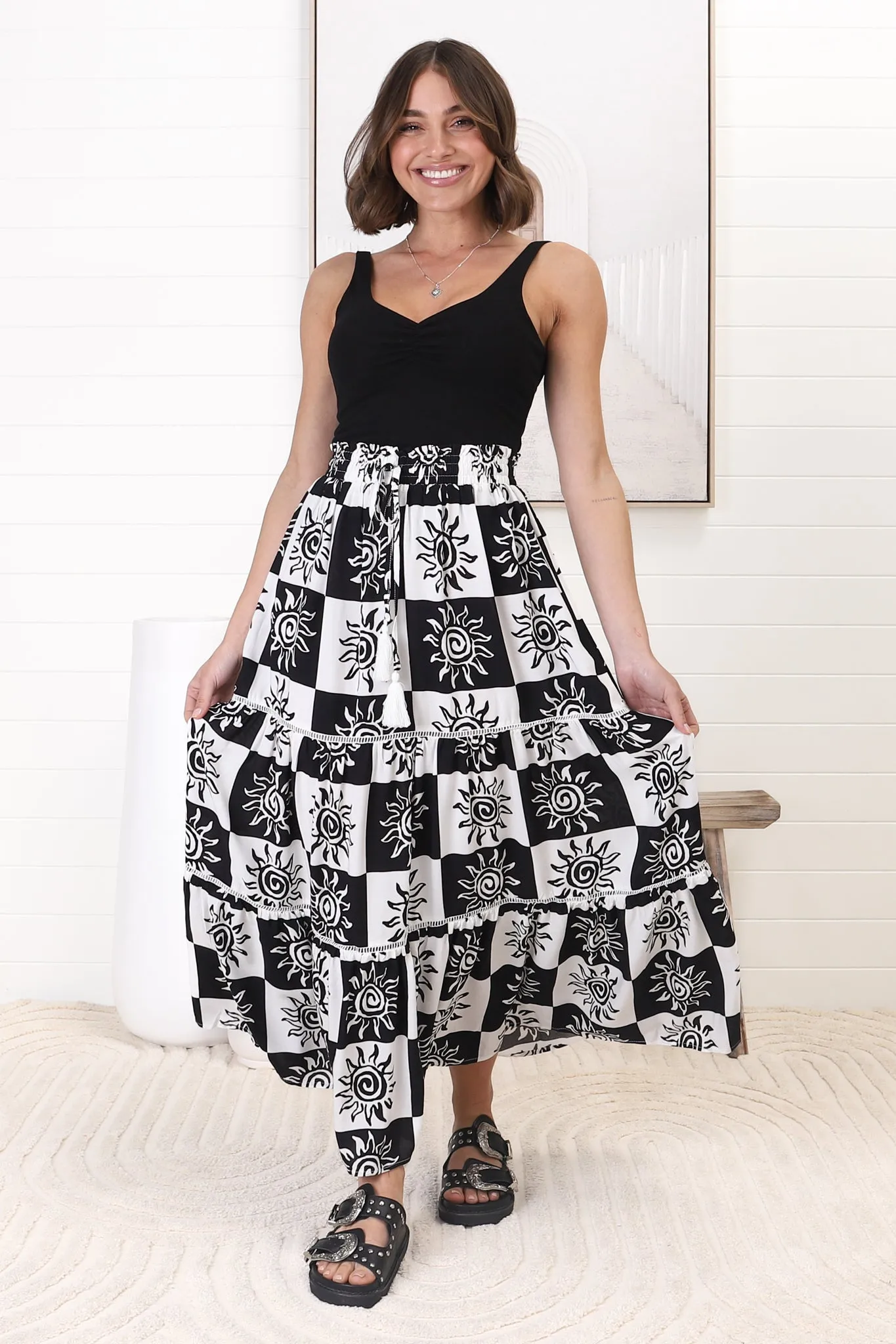 Billy Maxi Skirt - Tiered Crochet Insert Skirt in Tiller Print Black sold by Salty Crush