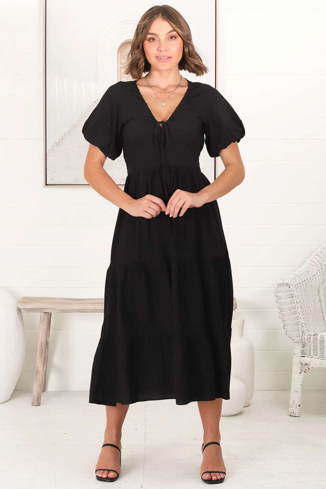Jenny Midi Dress - Pull In V Neckline Dress with Cap Balloon Sleeves in Black sold by Salty Crush product image thumbnail 3