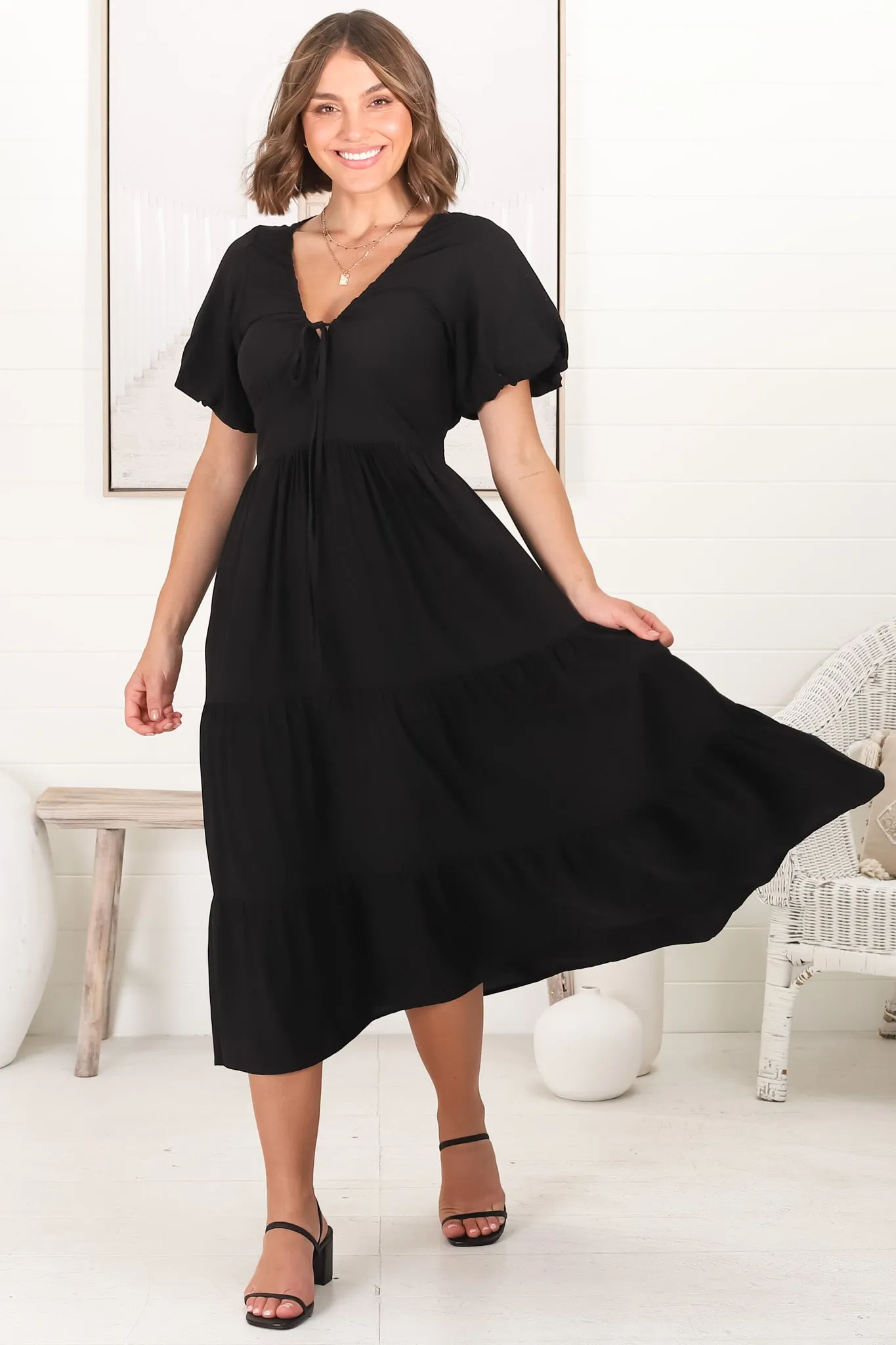 Jenny Midi Dress - Pull In V Neckline Dress with Cap Balloon Sleeves in Black sold by Salty Crush product image thumbnail 4