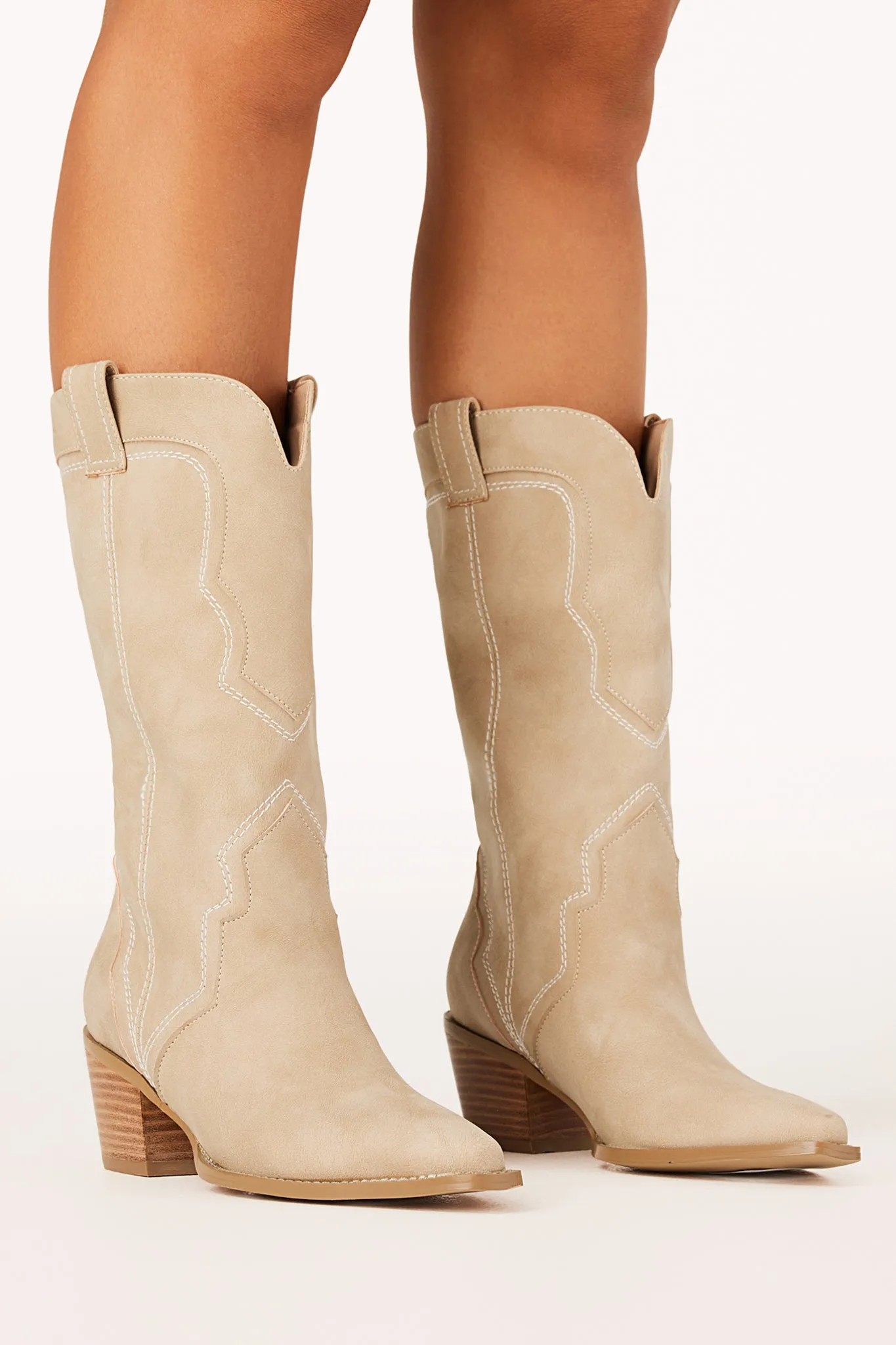 Dariel Boots - Mid Calf Western Boots in Taupe Nubuck sold by Salty Crush