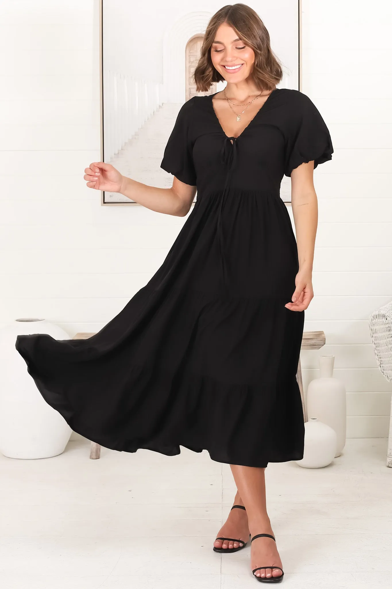 Jenny Midi Dress - Pull In V Neckline Dress with Cap Balloon Sleeves in Black sold by Salty Crush product image thumbnail 5