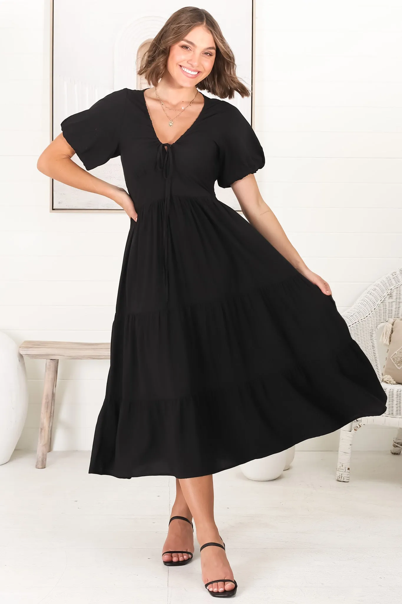 Jenny Midi Dress - Pull In V Neckline Dress with Cap Balloon Sleeves in Black sold by Salty Crush product image thumbnail 2