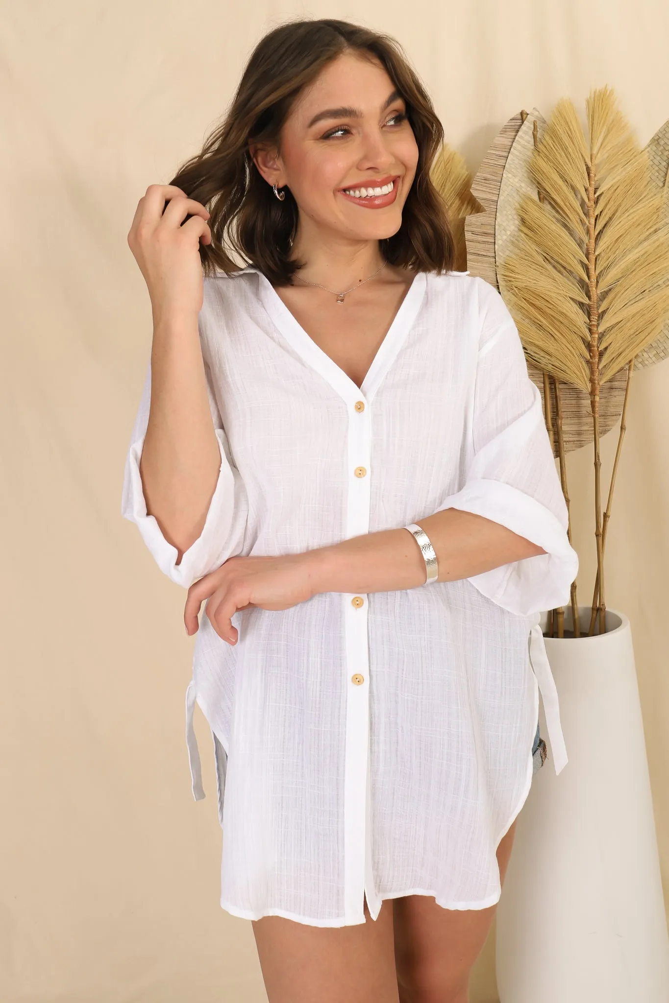 Beachly Shirt - Folded Collar Button Down Relaxed Shirt In White sold by Salty Crush product image thumbnail 3
