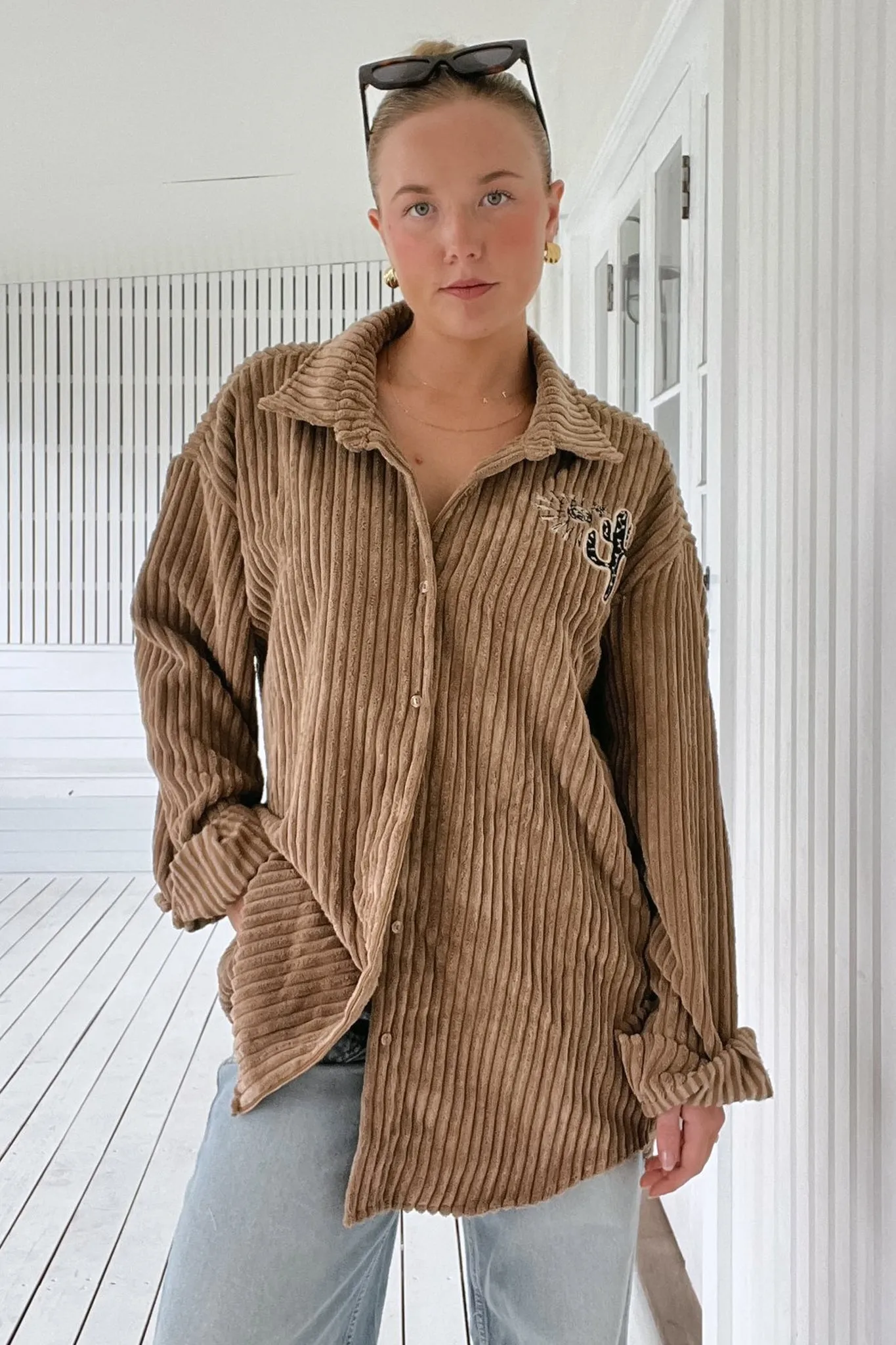 JAASE - Texas Cord Shirt/Jacket: Cactus Decal Cord Shacket in Toffee sold by Salty Crush