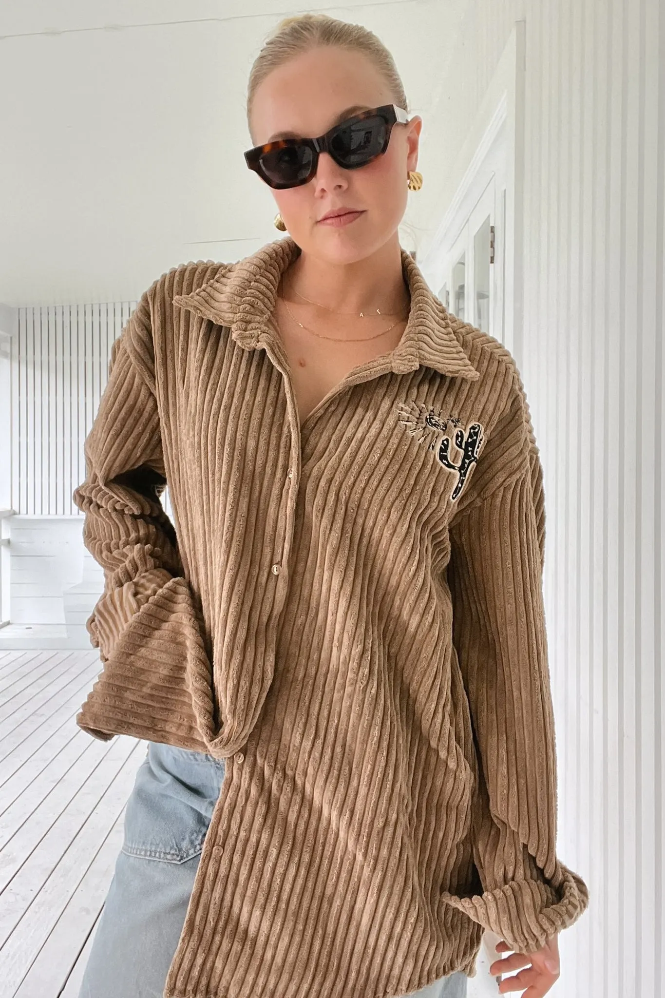 JAASE - Texas Cord Shirt/Jacket: Cactus Decal Cord Shacket in Toffee sold by Salty Crush product image thumbnail 3