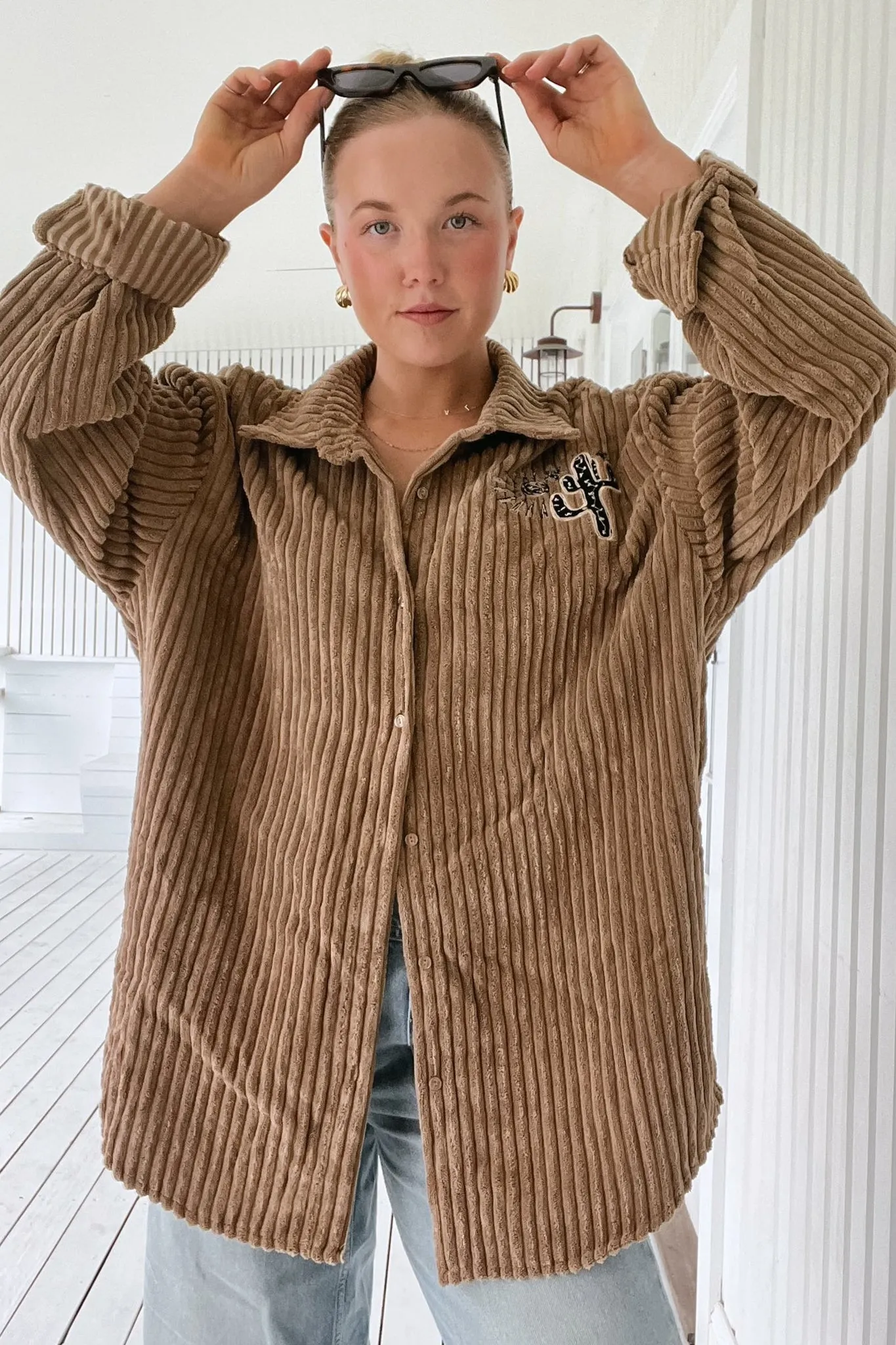 JAASE - Texas Cord Shirt/Jacket: Cactus Decal Cord Shacket in Toffee sold by Salty Crush product image thumbnail 2