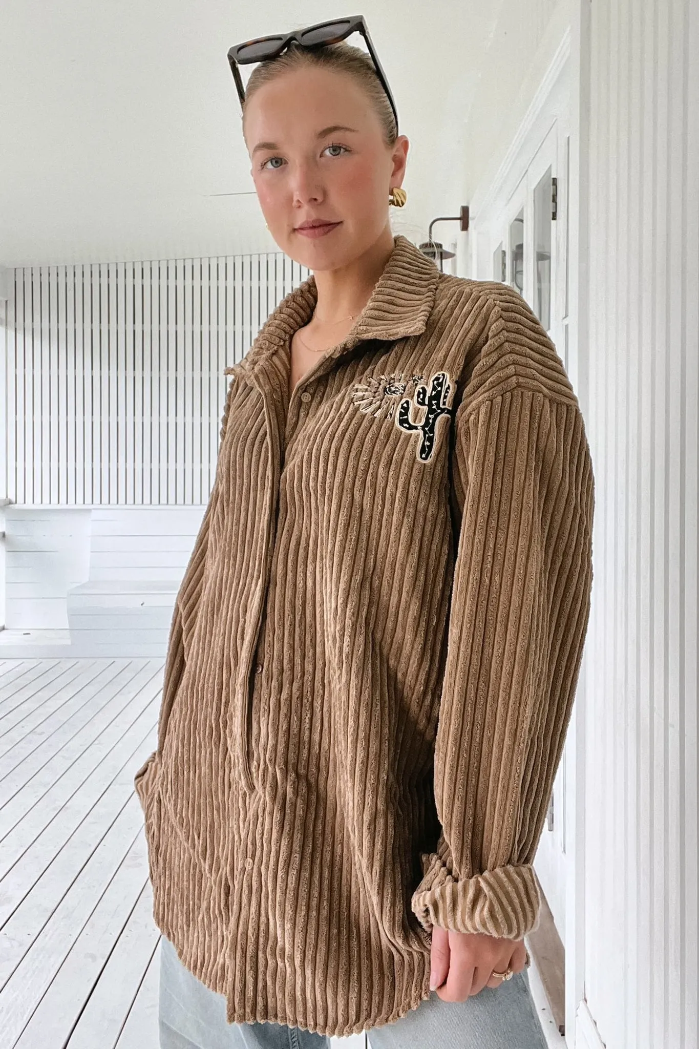 JAASE - Texas Cord Shirt/Jacket: Cactus Decal Cord Shacket in Toffee sold by Salty Crush product image thumbnail 4