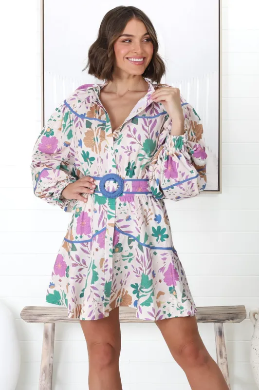 Holly Mini Dress - Graphic Button Down Dress with Belt in Daisy Duke Print sold by Salty Crush