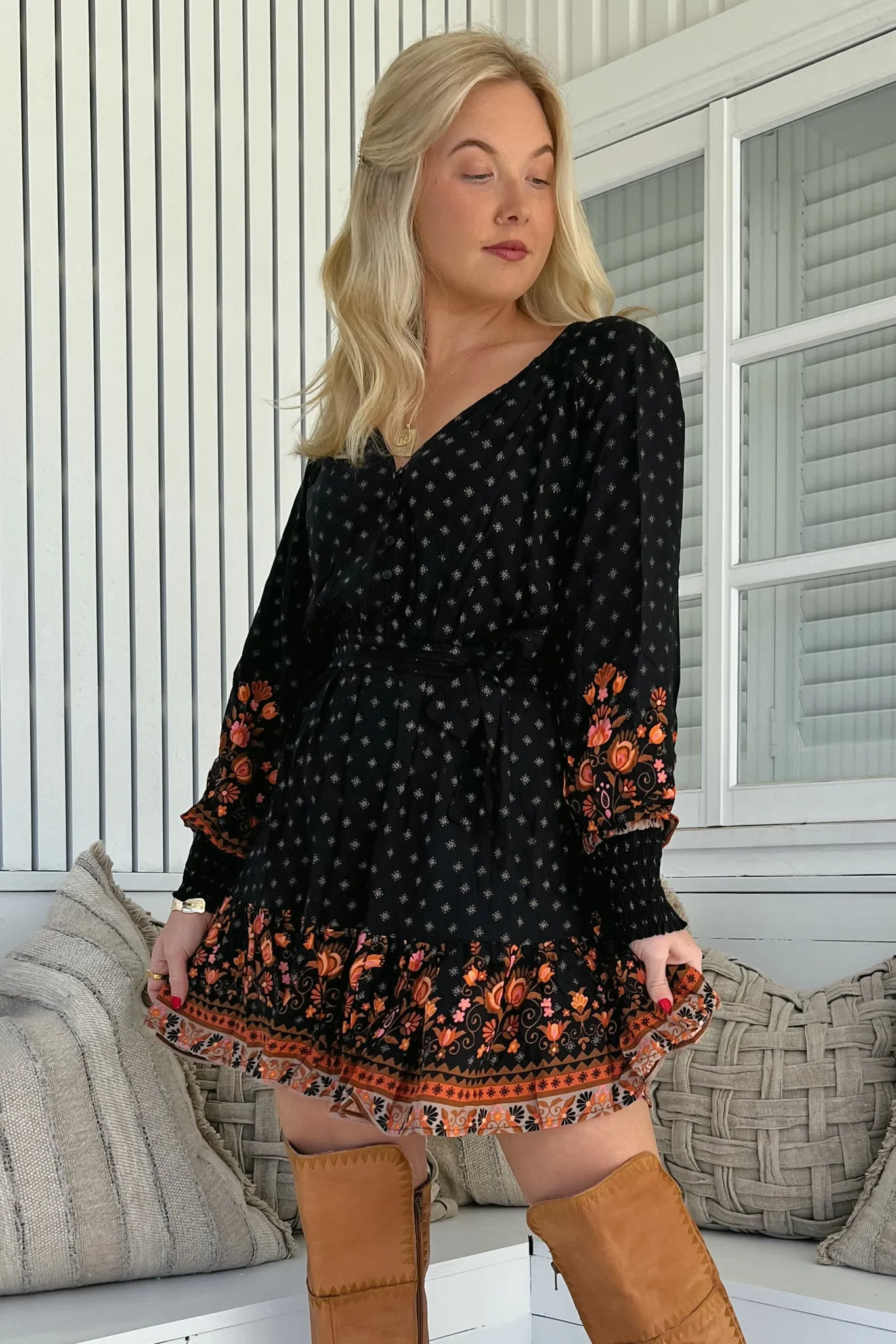 JAASE - Dahlia Mini Dress: V Neck Tiered Dress with Matching Belt in Emmery Print sold by Salty Crush product image thumbnail 3