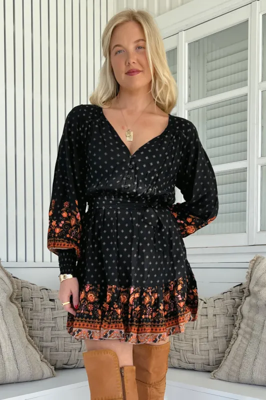 JAASE - Dahlia Mini Dress: V Neck Tiered Dress with Matching Belt in Emmery Print sold by Salty Crush