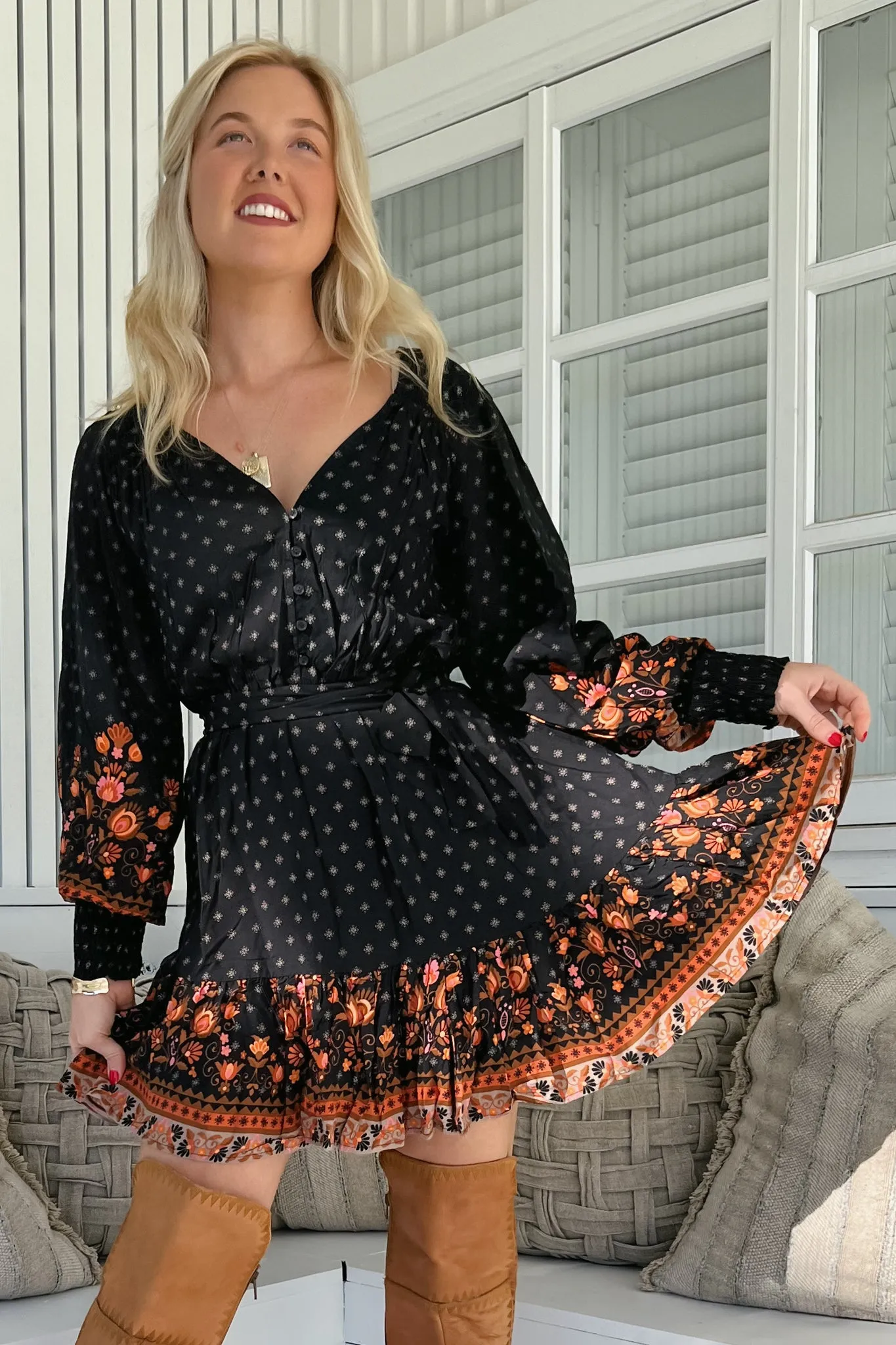 JAASE - Dahlia Mini Dress: V Neck Tiered Dress with Matching Belt in Emmery Print sold by Salty Crush product image thumbnail 2