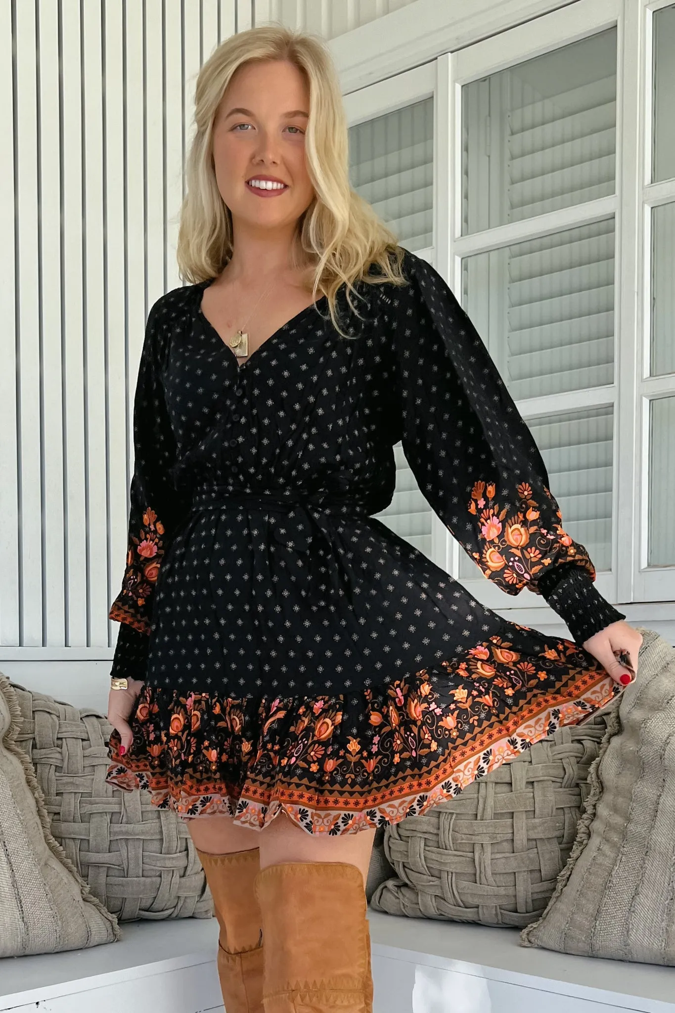 JAASE - Dahlia Mini Dress: V Neck Tiered Dress with Matching Belt in Emmery Print sold by Salty Crush product image thumbnail 4