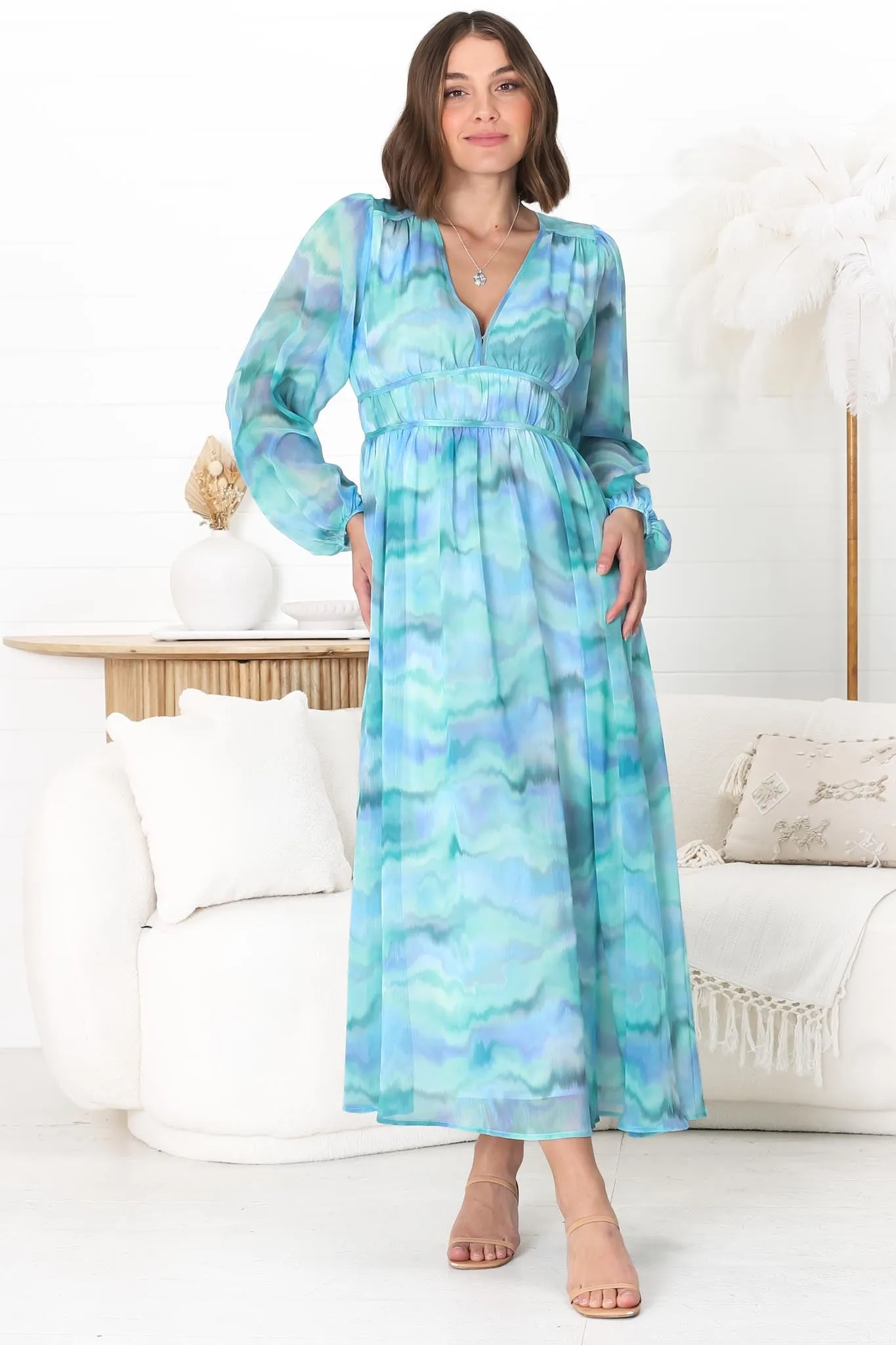 Helia Midi Dress - V Neck A Line Dress with Cinched Waist in Leilah Print Blue sold by Salty Crush product image thumbnail 4