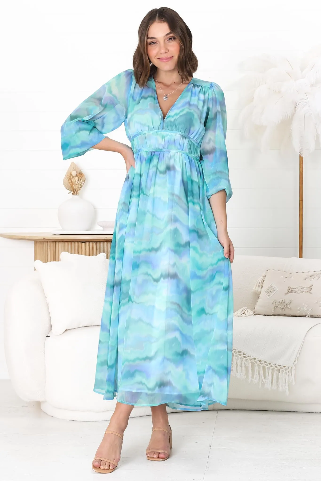 Helia Midi Dress - V Neck A Line Dress with Cinched Waist in Leilah Print Blue sold by Salty Crush product image thumbnail 3