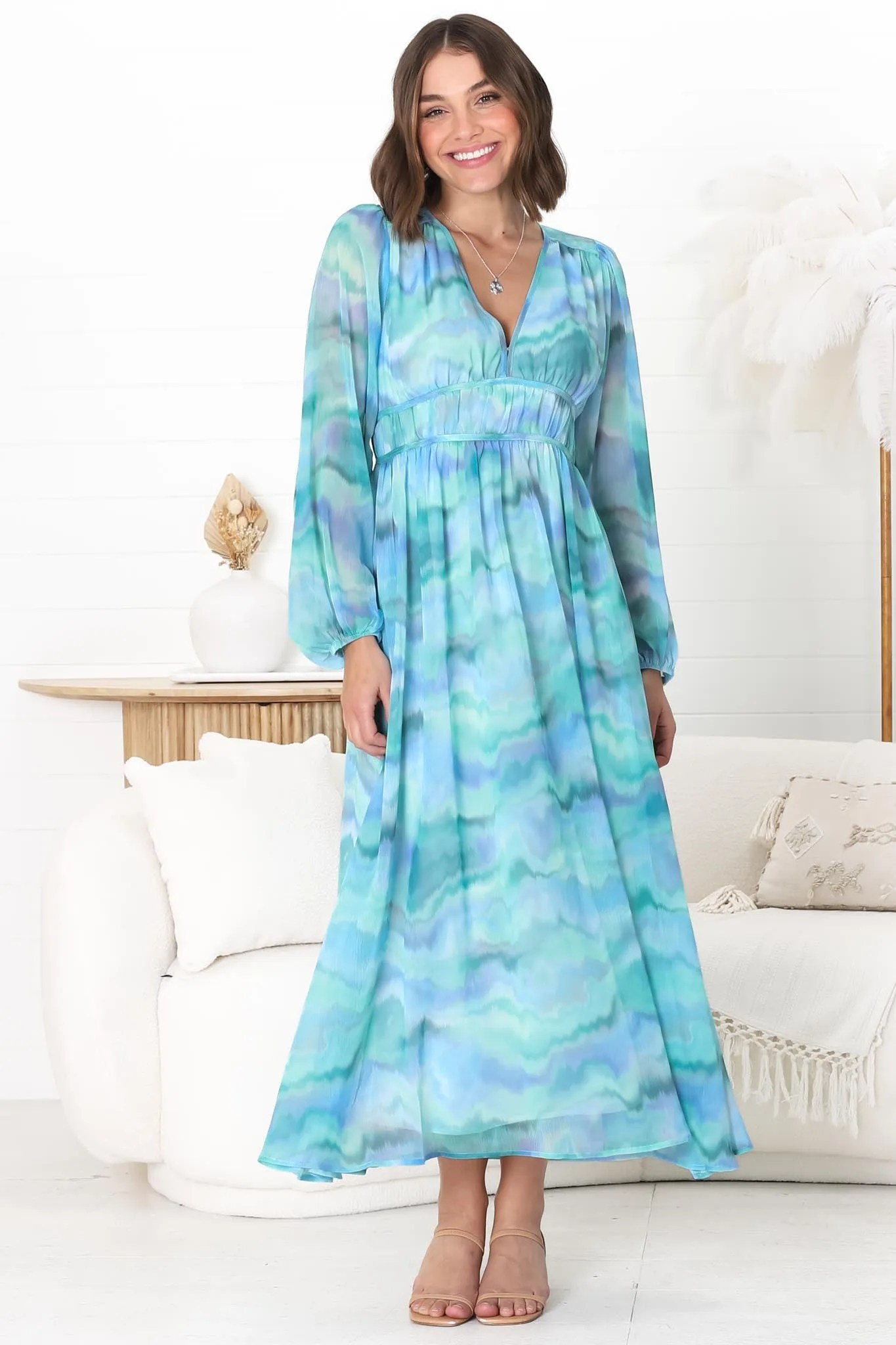 Helia Midi Dress - V Neck A Line Dress with Cinched Waist in Leilah Print Blue sold by Salty Crush