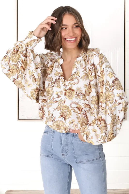 Leo Blouse - Pull Over Mandarin Collar Blouse in Jelena Print sold by Salty Crush