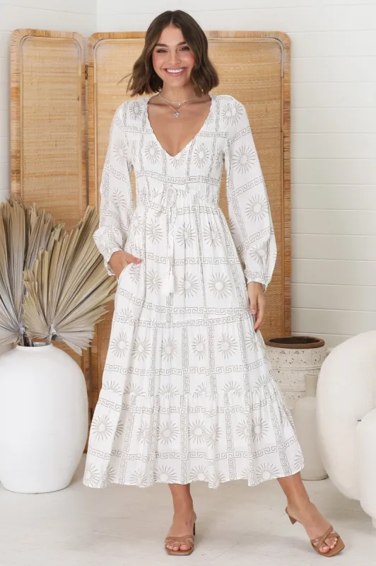Elias Midi Dress - Shirred Elasticated Bodice A Line Dress with Long Sleeves in Astra White sold by Salty Crush