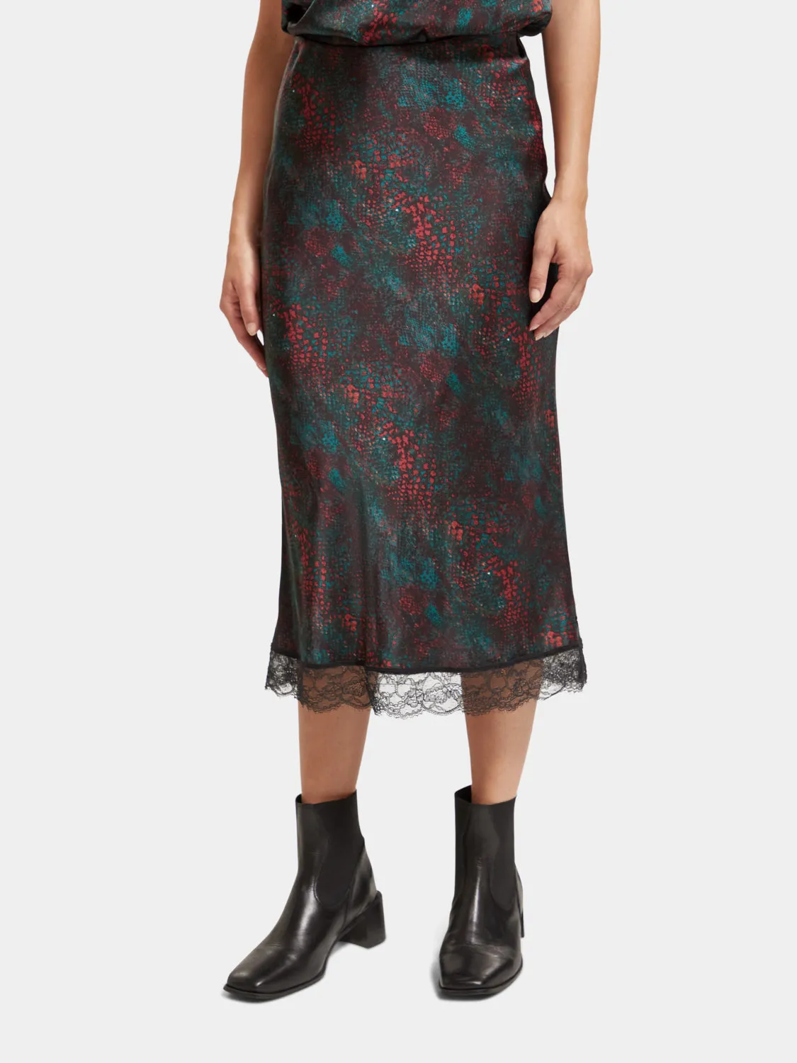 Satin midi skirt with lace sold by Scotch and Soda
